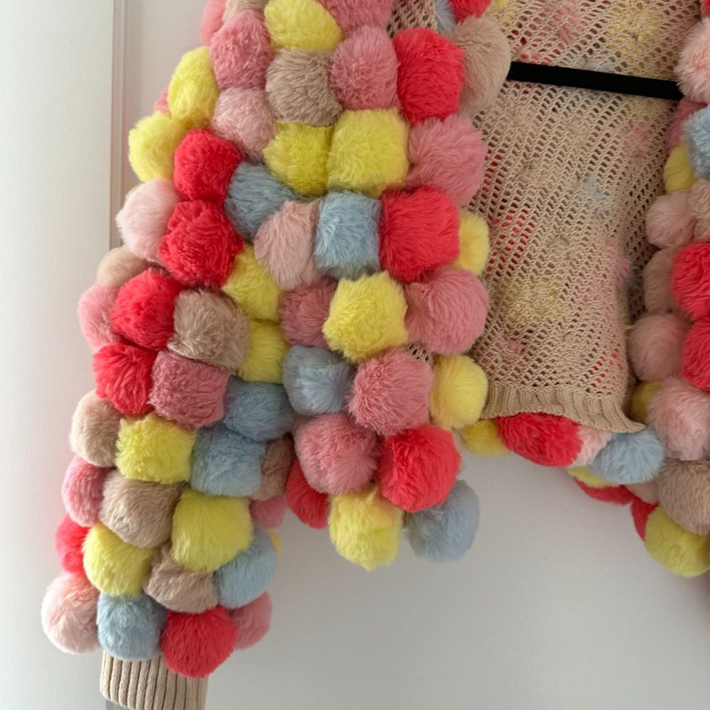 ❌SOLD❌Alice + Olivia Fawn Pompom Cropped Jacket XS/S Multicolor Cardigan Ribbed - Picture 4 of 15